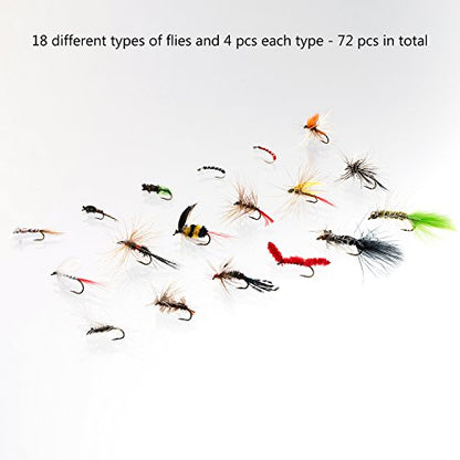 BASSDASH Fly Fishing Flies Kit Fly Assortment Trout Bass Fishing with Fly Box with Dry/Wet Flies, Nymphs, Streamers, Popper - style: 72 Pcs Assorted Flies Kit
