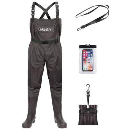 Lekesky Fly Fishing Chest Waders with Boots for Men Women, US Sizes 5–14,2-Ply Nylon/Pvc Waterproof Waders - color: Brown, size: M5/W7