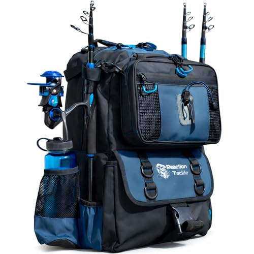 Reaction Tackle Fishing Tackle Backpack with Detachable Bait Binder and Rod Holders, Water Resistant Soft Plastic Storage with Padded Straps for Freshwater and Saltwater