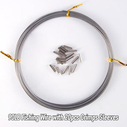 Alwonder 32.8ft Fishing Wire Fishing Leader Line with 20pcs Crimps Sleeves, Nylon Coated 1x7 Stainless Steel Leader Wire Freshwater Saltwater for Pike, Billfish, Bluefish, Muskie, Wahoo - size: 90LB