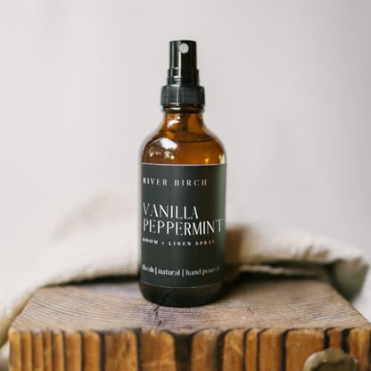 River Birch Vanilla Peppermint Scented Linen and Room Spray | Home Fragrance | 4 oz Glass Amber Bottle | Luxury Signature Scent | Handmade in Texas - color: Vanilla Peppermint