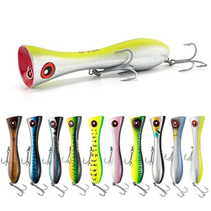Dr.Fish Popper Saltwater Fishing Lures, 8 Inches GT Popper VMC Treble Hooks Surf Fishing Lures for Striper Tuna Barracuda Mackerel Snapper Bluefish Pencil Plugs Offshore - color: Chrome Chartreuse(8")-1 Pack