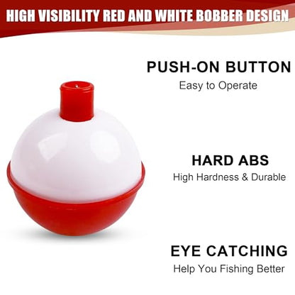 Fishing Bobbers Hard ABS Bobbers Snap-on Fishing Floats Push Button Round Buoy Float Bobbers for Crappie Panfish Walleyes Red and White 0.75"/1"/1.25"/1.5"/1.75"/2"/2.5" - size: 1.5inch - 20pcs