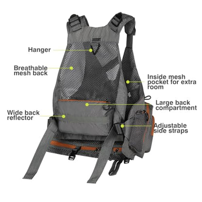 Gonex Fly Fishing Vest for Men Women, Comfortable Adjustable Fishing Vest with Multi-Pockets Reflective Stripes - color: Dark Brown