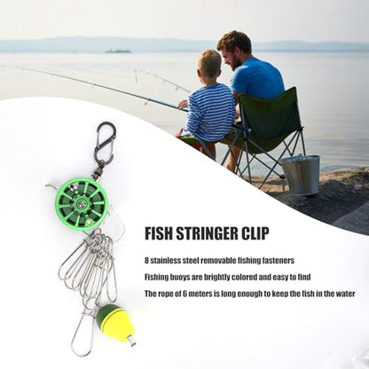 plplaaoo Portable Live Fish Lock Buckle Stainless Steel Telescopic Fish Stringer Clip with 8 Detachable Snaps 6M Lanyard for Fishing Enthusiasts Green