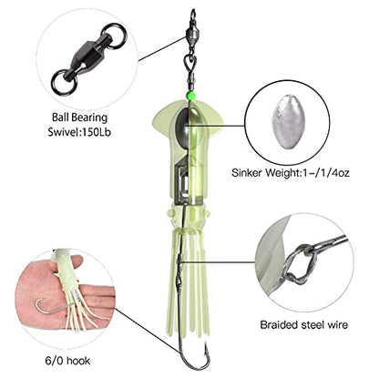 Dr.Fish Saltwater Squid Fishing Lures, 6" LED Lighted Lures 6/0 Hooks Squid Jig Rig Halibut Lincod Jig Offshore Trolling Baits Deep Drop Light Glow in Dark Mackerel Tuna Striper Lures - color: White LED, size: 6/0 Circle Hook-6"(2.5oz)