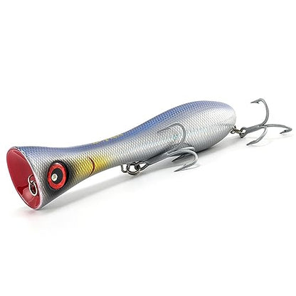 Dr.Fish Popper Saltwater Fishing Lures, 8 Inches GT Popper VMC Treble Hooks Surf Fishing Lures for Striper Tuna Barracuda Mackerel Snapper Bluefish Pencil Plugs Offshore - color: Chrome Blue(8")-1 Pack