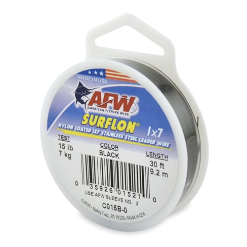 American Fishing Wire Surflon Nylon Coated 1x7 Stainless Steel Wire Leader - Wire Fishing Leader Line for Saltwater 10lb Up To 250lb Test in Bright, Black, Camo in 30ft, 100ft, 300ft, & 1000ft Lengths - color: Black, style: 30 Feet, 15 Pound Test