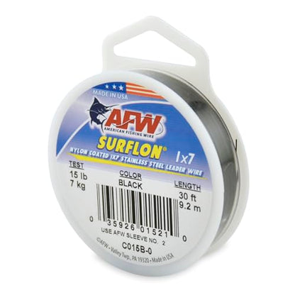 American Fishing Wire Surflon Nylon Coated 1x7 Stainless Steel Wire Leader - Wire Fishing Leader Line for Saltwater 10lb Up To 250lb Test in Bright, Black, Camo in 30ft, 100ft, 300ft, & 1000ft Lengths - color: Black, style: 30 Feet, 15 Pound Test