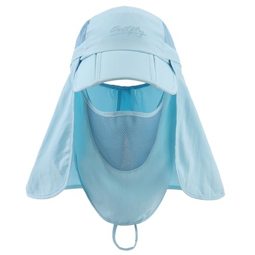 Connectyle Men's Foldable Baseball Sun Cap with Removable Face Mask Neck Flap Cover UPF 50+ Sun Protection Fishing Hiking Hat - color: Aqua Blue