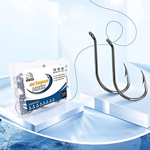 UCEC Fishing Hooks Octopus Hooks for Saltwater Freshwater High Carbon Steel Offset Circle Octopus Catfish Hooks for Catfish Trout Fishing Size 1/0 3/0 5/0, 50pcs/Box - size: 1/0
