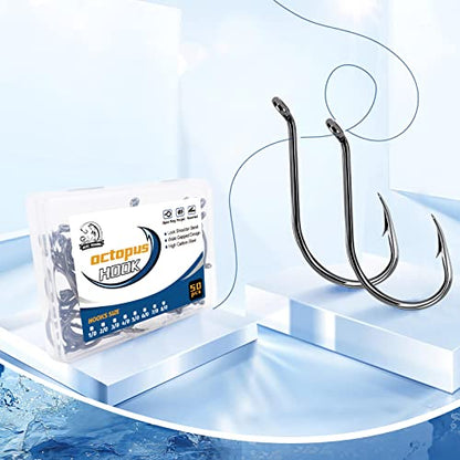 UCEC Fishing Hooks Octopus Hooks for Saltwater Freshwater High Carbon Steel Offset Circle Octopus Catfish Hooks for Catfish Trout Fishing Size 1/0 3/0 5/0, 50pcs/Box - size: 5/0