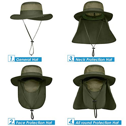 IYEBRAO Mens Outdoor Sun Hat with Face Neck Flap UV Protection Wide Brim Fishing Hat for Hiking Safari Gardening UPF 50+ - color: Army Green