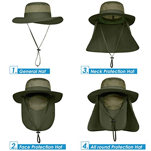 IYEBRAO Mens Outdoor Sun Hat with Face Neck Flap UV Protection Wide Brim Fishing Hat for Hiking Safari Gardening UPF 50+ - color: 2 Pack-light Gray＆green
