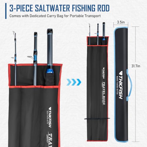 THKFISH 4 Piece/5 Piece Saltwater Travel Rod, Heavy Spinning Fishing Rod Portable Travel Surf Rod Carbon Fiber Saltwater Boat Fishing Rod 6’9”/7’9”/8’9” with Case Bag for Seawater Fish