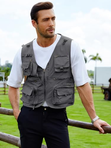 Gihuo Mens Fishing Vest Lightweight Utility Vests Cargo Outdoor Safari Travel Vest with Pockets - color: Grey, size: X-Large