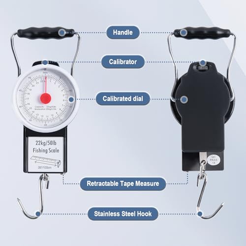 Goture 2Pcs Fishing Hanging Scale, Mechanical Kitchen and Fish Fishing Scale, Multi-Purpose Portable Hand Held Dial Weight Scale with Tape Measure (50 Lbs / 22Kg) - color: 2Pcs Fishing Scales