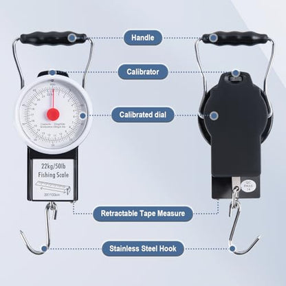 Goture 2Pcs Fishing Hanging Scale, Mechanical Kitchen and Fish Fishing Scale, Multi-Purpose Portable Hand Held Dial Weight Scale with Tape Measure (50 Lbs / 22Kg) - color: 2Pcs Fishing Scales