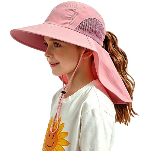 Kids-Sun Hat with Neck Flap Wide-Brim Fishing-Hat Lightweight Ponytail-Hat UV-Protection Summer Toddler Beach-Hat