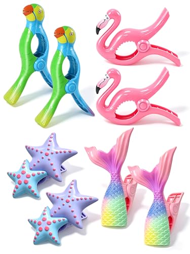 8 Pack Towel Clips for Beach Chairs, Perfect Set for 4 Chairs, Jumbo Beach Towel Clips with Strong Grip, Cute Flamingo Parrot Mermaid Tail Starfish Clips for Cruise Pool Patio - style: Parrot + Flamingo + Mermaid Tail + Starfish