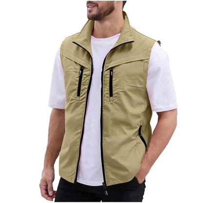 Men Fishing Vest Lightweight Outerwear Golf Running Sleeveless Jacket Travel Photo Utility Vest with Zipper Pockets - color: #02 Khaki, size: X-Large