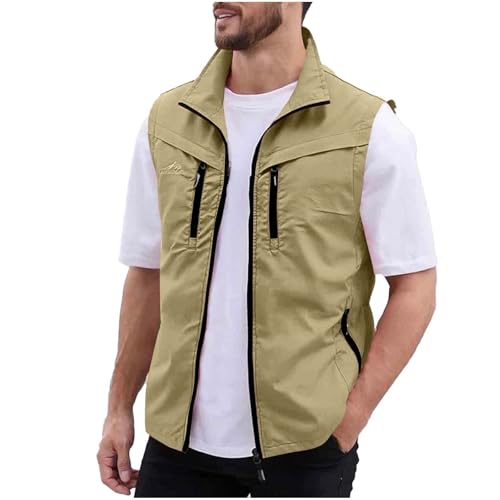 Men Fishing Vest Lightweight Outerwear Golf Running Sleeveless Jacket Travel Photo Utility Vest with Zipper Pockets - color: #02 Khaki, size: Medium