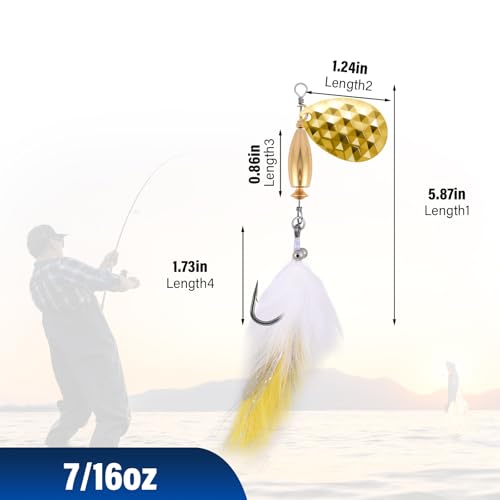 Dr.Fish 5 Pack Fishing Spinner, Bunny Streamer Fly Spinner Inline Spinnbait 7/16oz with Feathered Roostertail Single Hook for Bass Trout Salmon Fishing Lure Kit Freshwater & Saltwater