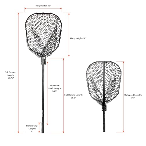 YakAttack Floating Fishing Net with Rubber Netting |16” x 19” Hoop, 11” Depth, 56” Telescoping Aluminum Handle | Snag-Free Landing Net for Kayak, Canoe, or Boat Anglers | Black