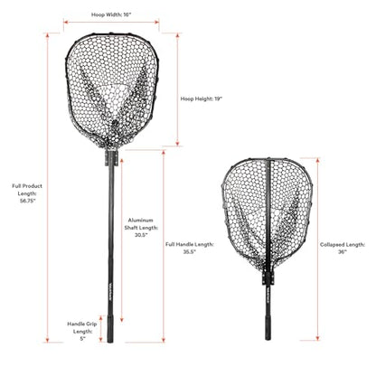 YakAttack Floating Fishing Net with Rubber Netting |16” x 19” Hoop, 11” Depth, 56” Telescoping Aluminum Handle | Snag-Free Landing Net for Kayak, Canoe, or Boat Anglers | Black