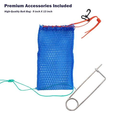 Stainless Collapsible Crab Net with 100ft Rope, Bait Bag, Clip & Ruler – 6 Pieces Portable Crab Trap for Easy Storage – Durable Grid Design for Dock & Pier Crabbing - size: 30 inch
