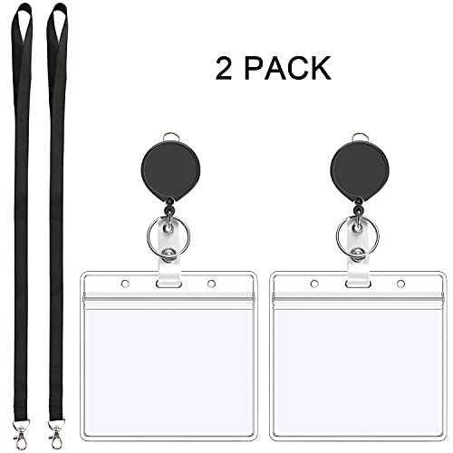 2Pcs Black Lanyards with Horizontal ID Badge Holder 4x3,Retractable Reel | Flat Neck Lanyard with Metal Hook,for Office Supplies - color: Black Lanyard With Badge Holder 3x4 Horizontal