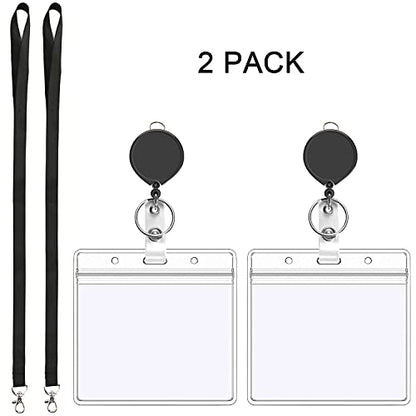 2Pcs Black Lanyards with Horizontal ID Badge Holder 4x3,Retractable Reel | Flat Neck Lanyard with Metal Hook,for Office Supplies - color: Black Lanyard With Badge Holder 3x4 Horizontal