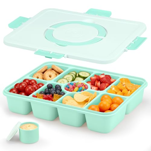 Snackle Box Container, Divided Serving Tray with Lid and Handle, 9 Compartments Snack Box Container for Adults, Portable Charcuterie Serving Platter for Candy Fruit, 9.9 Cups, Seafoam Green - color: Seafoam Green