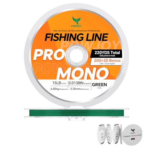 Monofilament Fishing Line with Knot Guide Card, Tangle-Free Snap Ring for No More Mess, Low Memory Smooth Casting Nylon Mono String, 15/20/30/50/80LB, 220-1050 Yards - color: Green, size: 15LB 220Yards