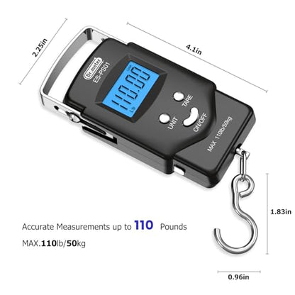 Dr.meter Fish Scale Luggage Scale Fishing Gear - 110lb Backlit LCD Display Digital Scale with Built-in Measuring Tape - Fishing Scale with 2 AAA Batteries, Pocket Size - Fishing Gifts for Men - color: Black