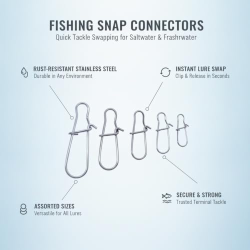 Gourd-Shape Stainless Steel Lure Snaps, Silver Finish Quick-Change Connectors for Saltwater and Freshwater Fishing Tackle (100-Pack Assorted Sizes) - size: 1.97 x 1.57 x 0.59"