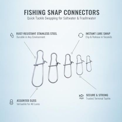 Gourd-Shape Stainless Steel Lure Snaps, Silver Finish Quick-Change Connectors for Saltwater and Freshwater Fishing Tackle (100-Pack Assorted Sizes) - size: 1.97 x 1.57 x 0.59"