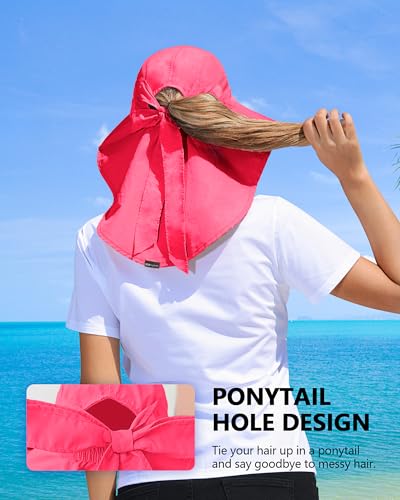 Womens Sun Hat Outdoor UV Protection Wide Brim Fishing Hat with Ponytail Hole Neck Flap for Beach Hiking Camping - color: Watermelon Red