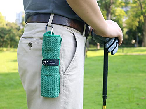 Handy Picks Microfiber Golf Towel (16" X 16") with Carabiner Clip, Waffle Pattern Golf Towel Hook and Loop Fastener - The Convenient Golf Cleaning Towel - color: Dark Green