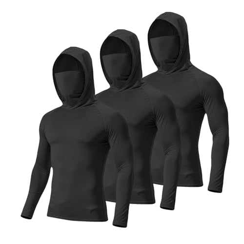 3/6 Pack Mens Sun Protection Fishing Hoodie with Face Mask UPF 50+ Long Sleeve Compression Work Shirt Construction Quick Dry - color: 3 Pack【loose Fit】balck, size: Medium