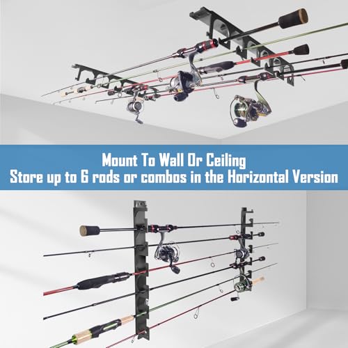 Aventik Horizontal Fishing Rod Holder for Garage Wall or Ceiling Mounted Fishing Pole Holder Holds 6 Rods or Combos, Fishing Rod Rack for Wall, Fishing Rod Storage Organizer (2 Pack Black) - style: 2 Pack Black