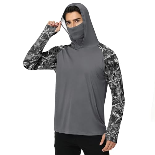 Men's UPF 50+ UV Protection Fishing Shirt with Face Mask Long Sleeve Quick Dry Breathable Sun Hoodie for Beach - color: A Gray, size: Small