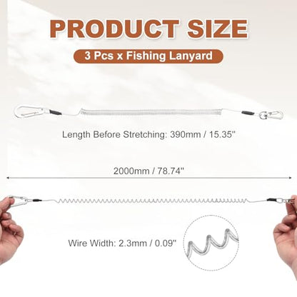PATIKIL Fishing Lanyard, (78.74" Length, Silver) (3Pcs), Retractable Coiled Tether Anti-Lost Rope Coiled with Carabiners and 360° Safety Buckle, Suit for - Fishing/Hunting/Hiking/Boating - color: Silver, size: 78.74"