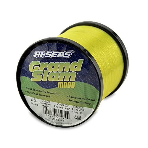 HI-SEAS Grand Slam Monofilament Fishing Line - Strong & Abrasion Resistant in Clear, Pink, Green, Smoke Blue, Fluorescent Yellow Freshwater & Saltwater - 1 lb Spool - color: Fluorescent Yellow, style: 25 Lb Test, 0.50 Mm Dia, 2140 Yd