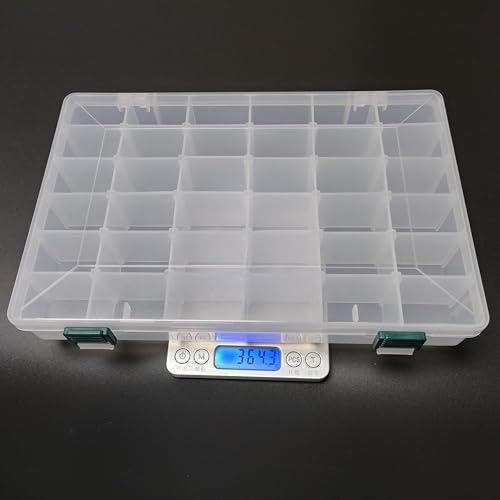 KALAVARMA 36 Grids Clear Plastic Bead Organizer Box, Fishing Tackle Box Compartment Organizer with Adjustable Dividers for Jewelry, Art Craft, Bead Storage Containers with 5 Sheets Label Stickers