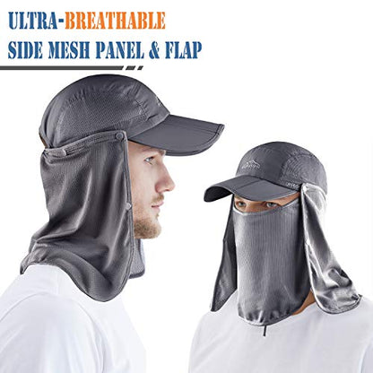 Outdoor Sun Hat for Men Women UPF 50+ Fishing UV Hat with Neck Flap Face Cover for Sun Protection - color: Grey