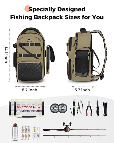 MATEIN Fishing Sling Bag with Phone Pouch, 3600 Tackle Box Backpack | Tackle Bag with Removable Bait Binder, Fishing Bag with Lure Rod Holder, Cooler Compartment, Waterproof, Women Fishing Gifts - color: Khaki & Black