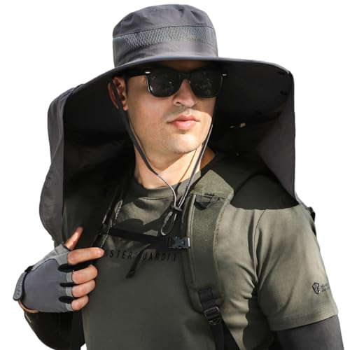 HUAMULAN Men Summer Sun Hat Women Safari Wide Brim Fishing Hats UV Protection Neck Flap Bucket Gardening Hiking Hunting Cap - color: Hyp016-darkgray