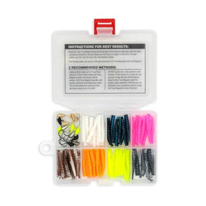 Trout Magnet TNT Kit – 82-Piece Set with 70 Soft Plastic Bodies & 12 Jig Heads – Top 7 Hot Colors – Includes 1/64oz Shad-Dart Heads in Gold, Black, Silver & Chartreuse – Ultimate Trout Fishing Lure