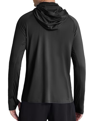 Roadbox Men's UPF 50+ Hooded Fishing Shirts Long Sleeve Sun Protection Hoodie, Hiking Running Swimming Rash Guard with Mask - color: Black, size: Small